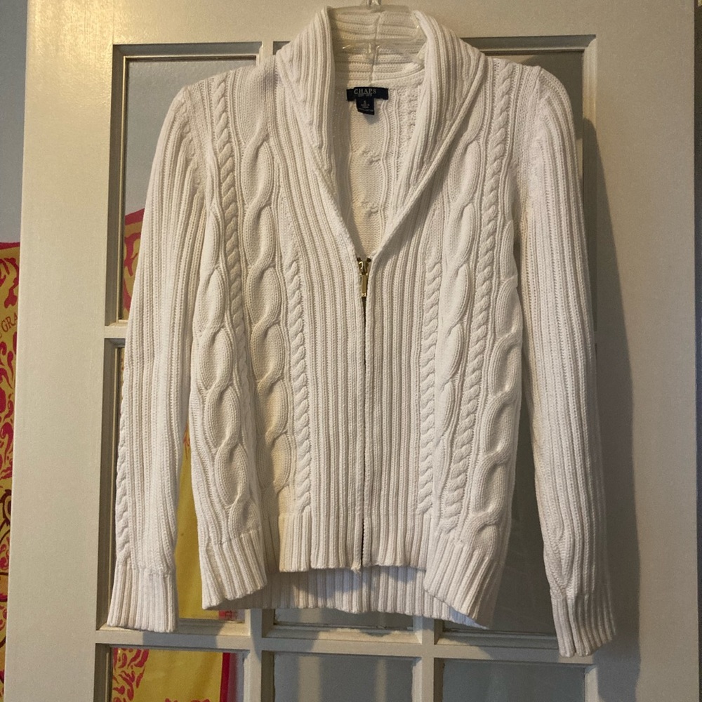 Chaps white cable knit zip up sweater